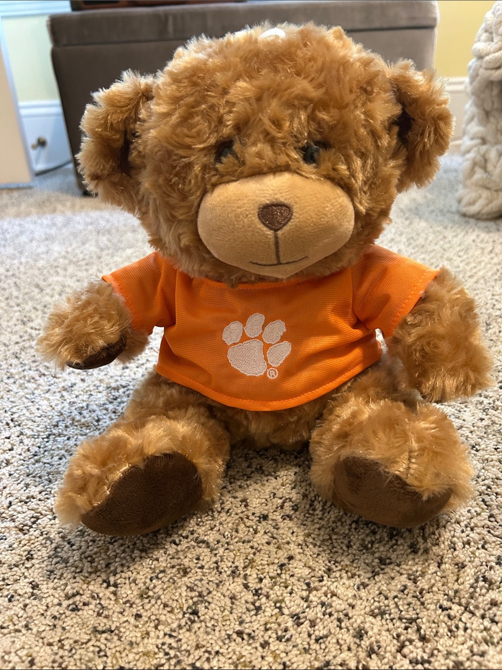 Plush Brown Teddy Bear with Orange Clemson Paw-Print Shirt - Kids Toy